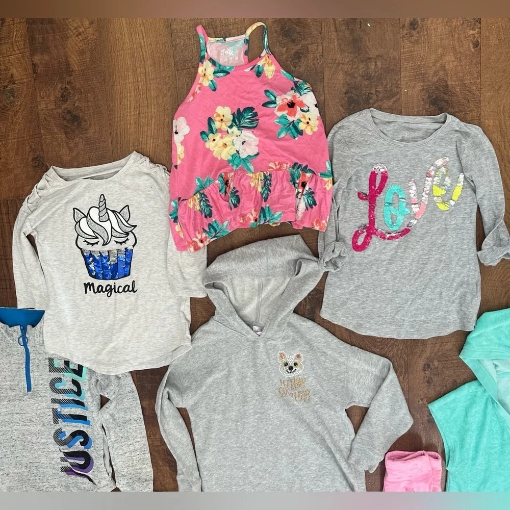 Justice girls clothing bundle 14 pieces Sz 6/7 shirts skirt leggings